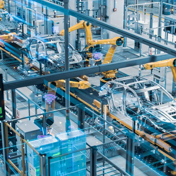 Car Factory Digitalization Industry 4.0 5G IOT Concept: Automated Robot Arm Assembly Line Manufacturing High-Tech Electric Vehicles. AI Computer Vision Analyzing, Scanning Production Efficiency