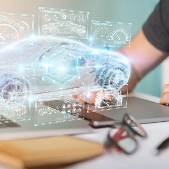 Graphic designer using modern smart car interface 3D rendering